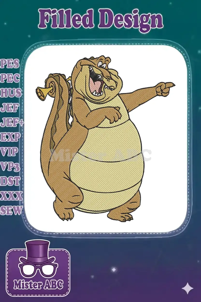A lively embroidery design of Louis the Alligator from Princess and the Frog, playing his trumpet and pointing.