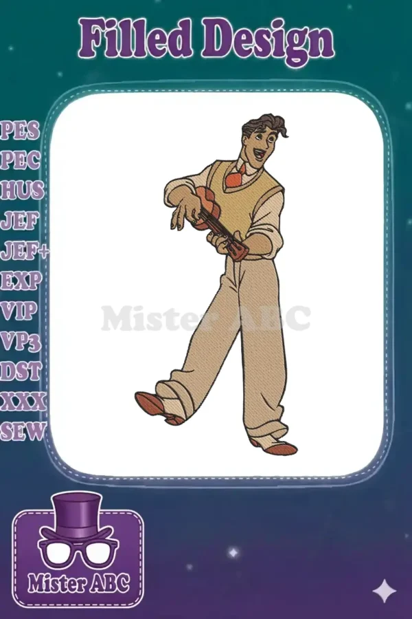 Full-body embroidery of Prince Naveen from Disney's Princess and the Frog, playing a ukulele with a lively pose.