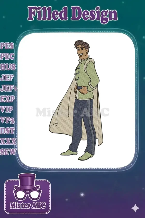 Embroidery design of Prince Naveen in royal attire, featuring green jacket, blue pants, and a flowing cream cape.