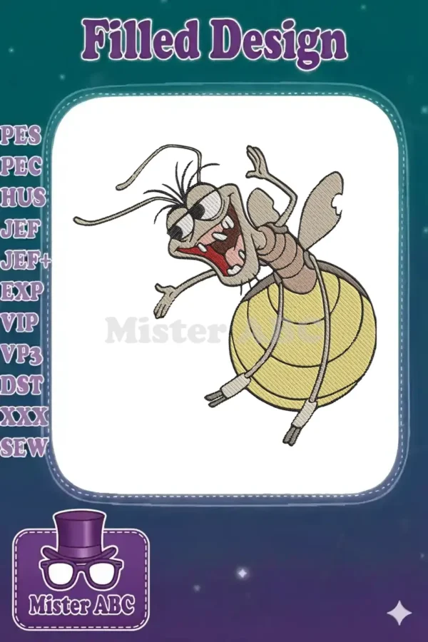 A close-up of a digitally embroidered, joyful firefly character with large eyes and widespread arms, full of excitement.