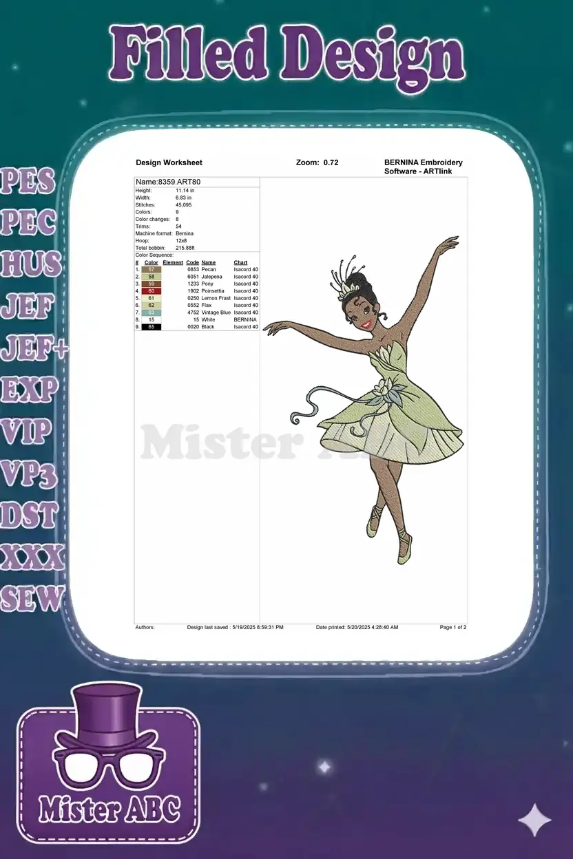 Embroidery design worksheet for Princess Tiana ballerina, showing dimensions, stitch count, and color chart details.
