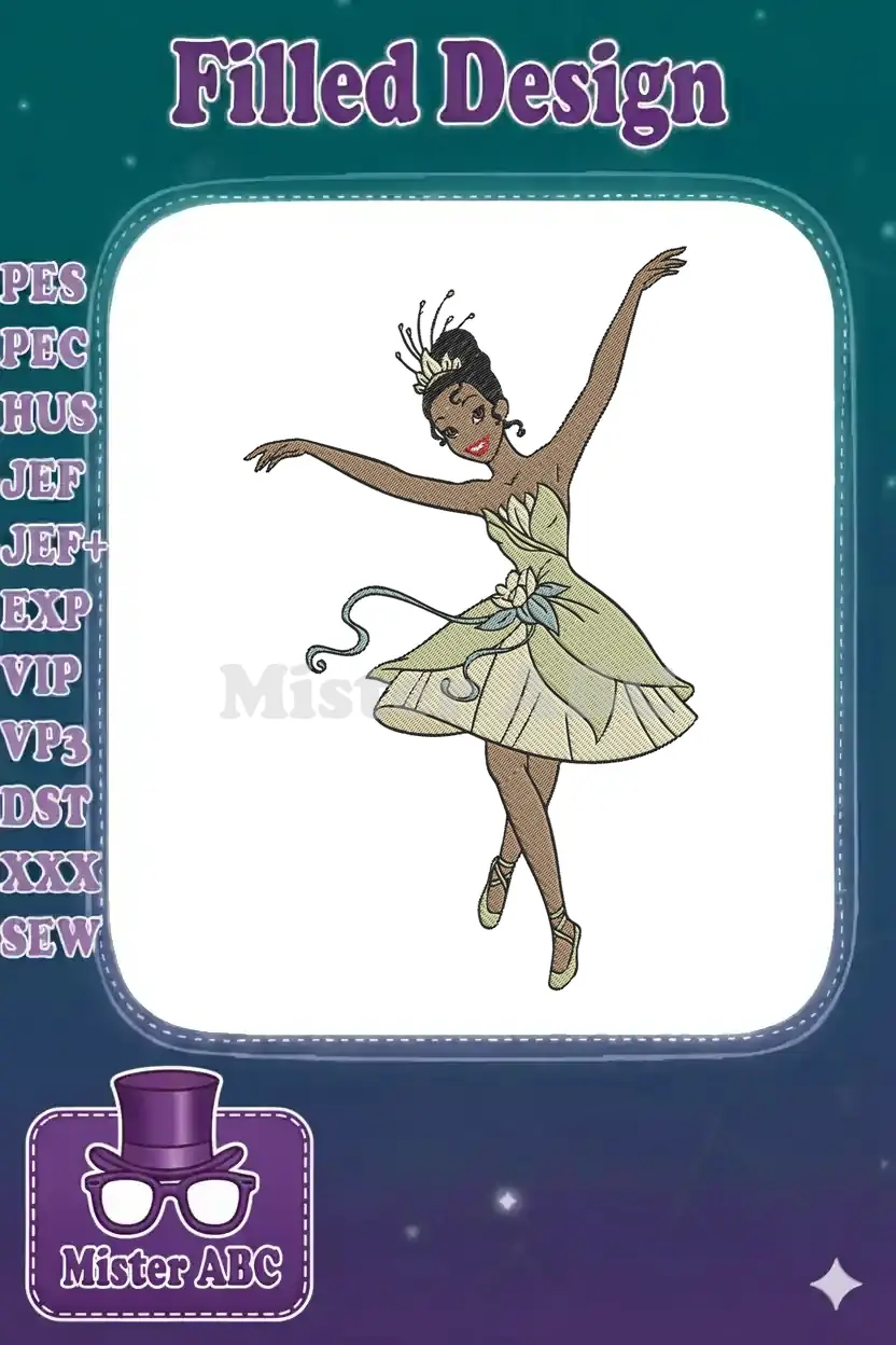 Full-color embroidery design of Princess Tiana as a graceful ballerina in a light green dress, striking a dance pose.
