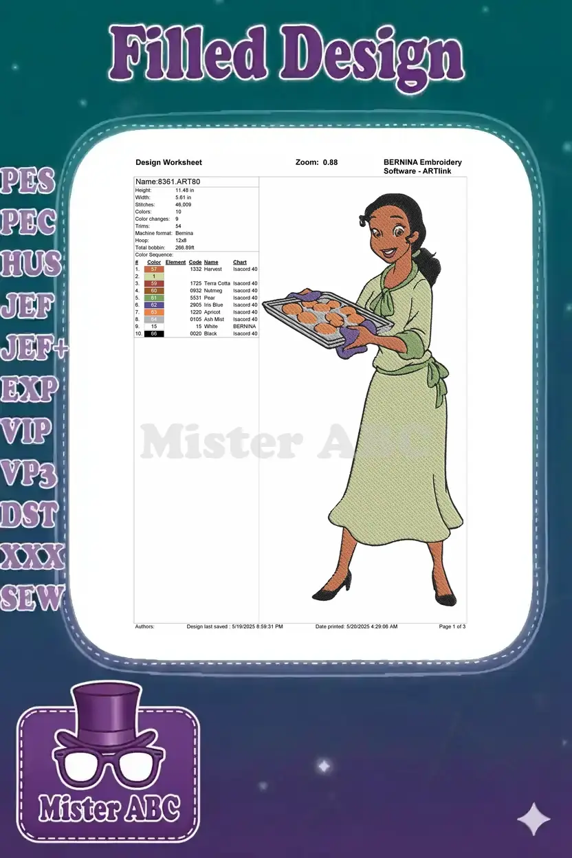 Embroidery design worksheet for Tiana baking, showing detailed specifications, stitch count, and color chart.