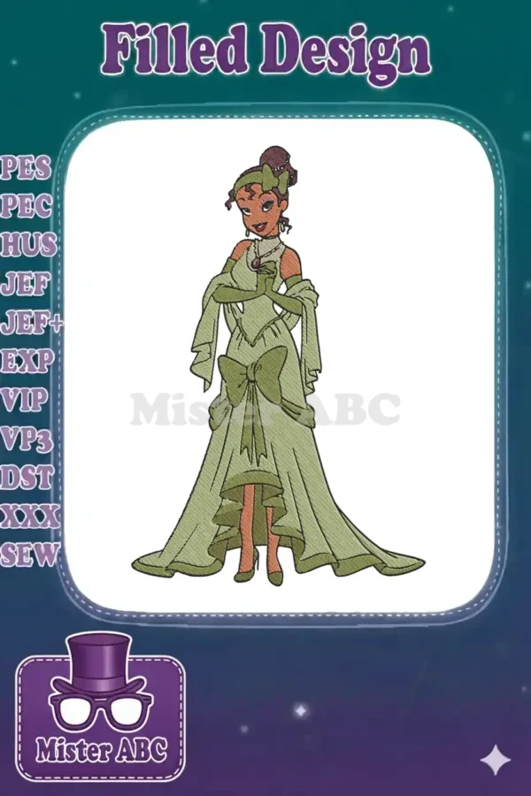 Princess Tiana in her iconic green ball gown, a stunning embroidery design with intricate details and vibrant colors.