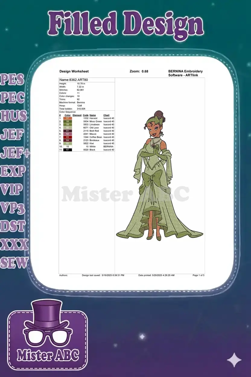 Embroidery design worksheet for Princess Tiana, showing dimensions, stitch count, color sequence, and machine format.