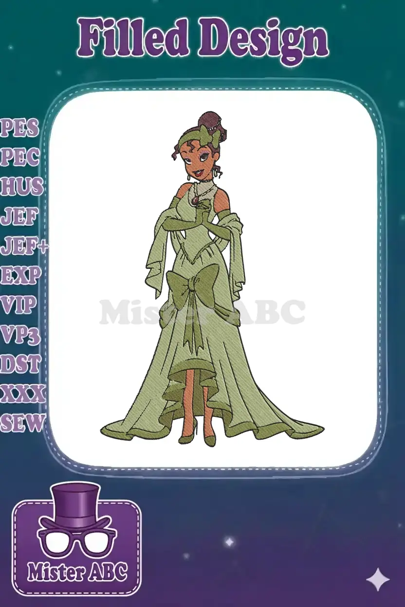 Princess Tiana in her iconic green ball gown, a stunning embroidery design with intricate details and vibrant colors.