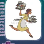 Princess Tiana running waitress with trays food embroidery designs - Instant Download