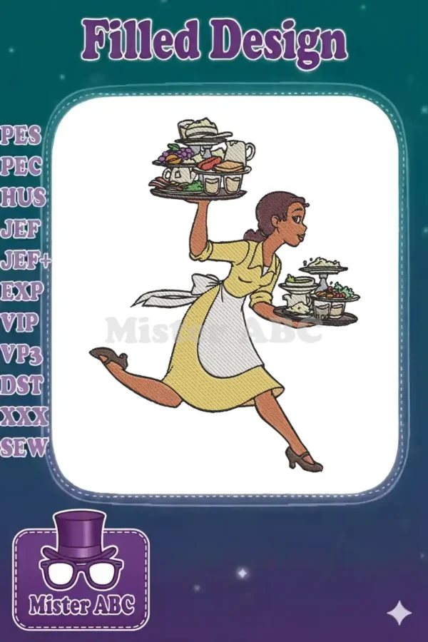 Vibrant embroidery of Tiana, the princess waitress, energetically running with two trays full of food.
