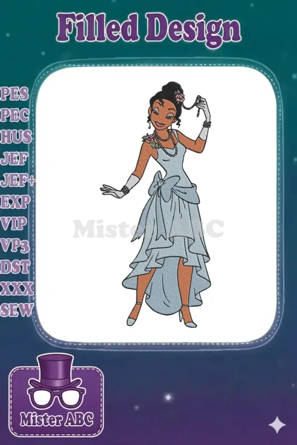 Full-body embroidery design of Princess Tiana in her elegant blue ball gown, complete with gloves and pearls.