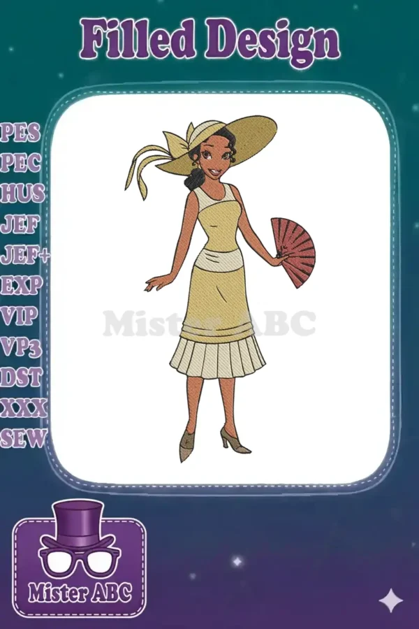 Princess Tiana in a yellow dress and wide-brimmed hat, holding a fan, an elegant embroidery design.