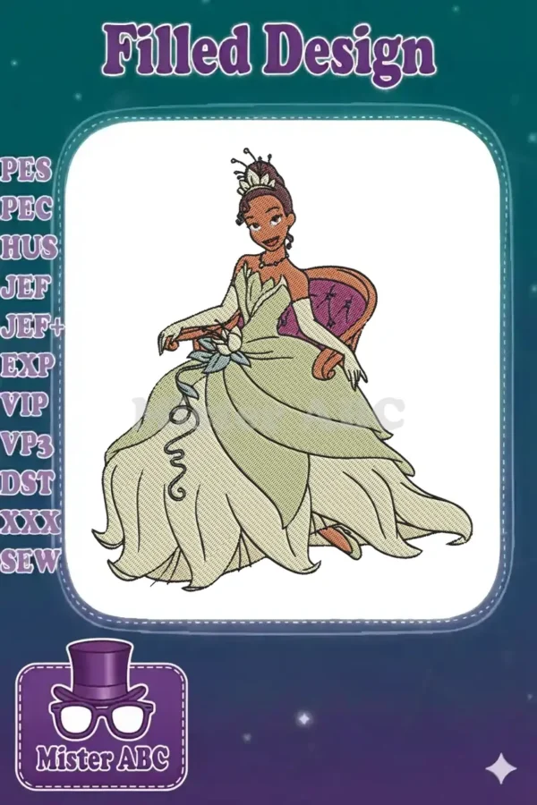 Digitized embroidery design of Princess Tiana in her iconic green and cream lily pad ball gown, seated elegantly.