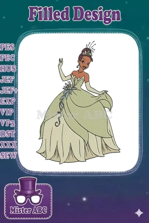 A vibrant embroidery design of Princess Tiana in her iconic green lily pad gown, gracefully waving.