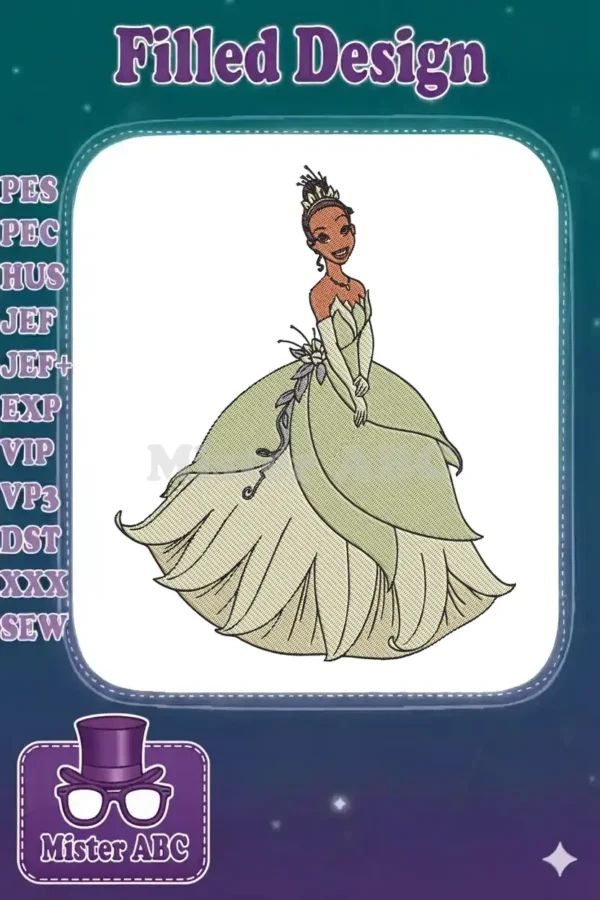 Stunning Princess Tiana embroidery design, showcasing her iconic green ball gown with intricate details and vibrant colors.