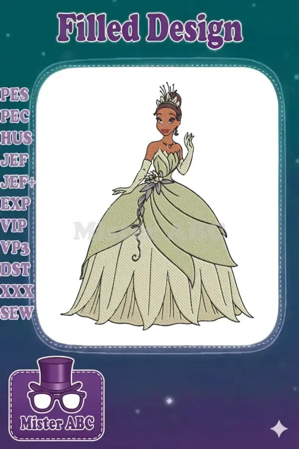 An elegant embroidery design of Princess Tiana in her iconic green lily pad ball gown, gracefully waving.