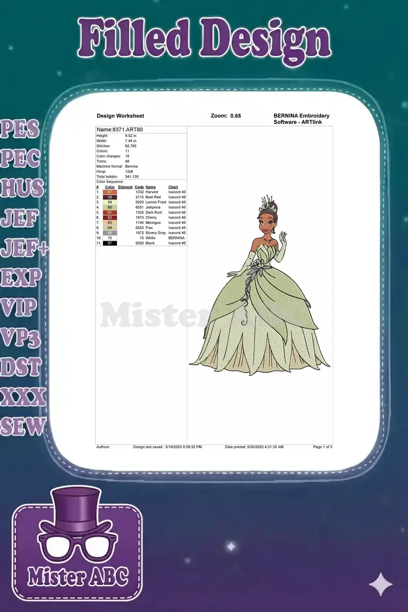 A design worksheet detailing the Princess Tiana embroidery, including dimensions, stitch count, and color sequence.