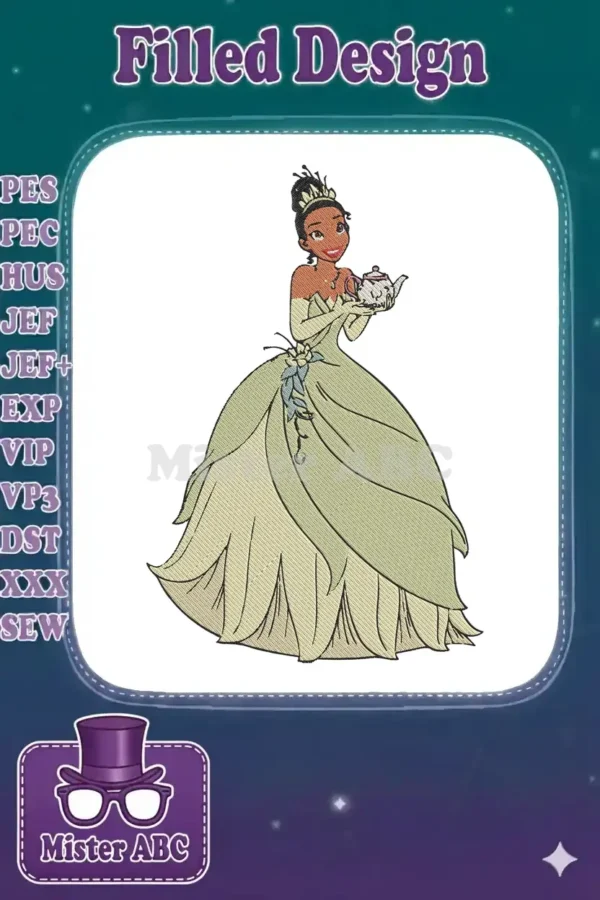 Full view of Princess Tiana embroidery design in her elegant green ball gown, holding a delicate teapot.