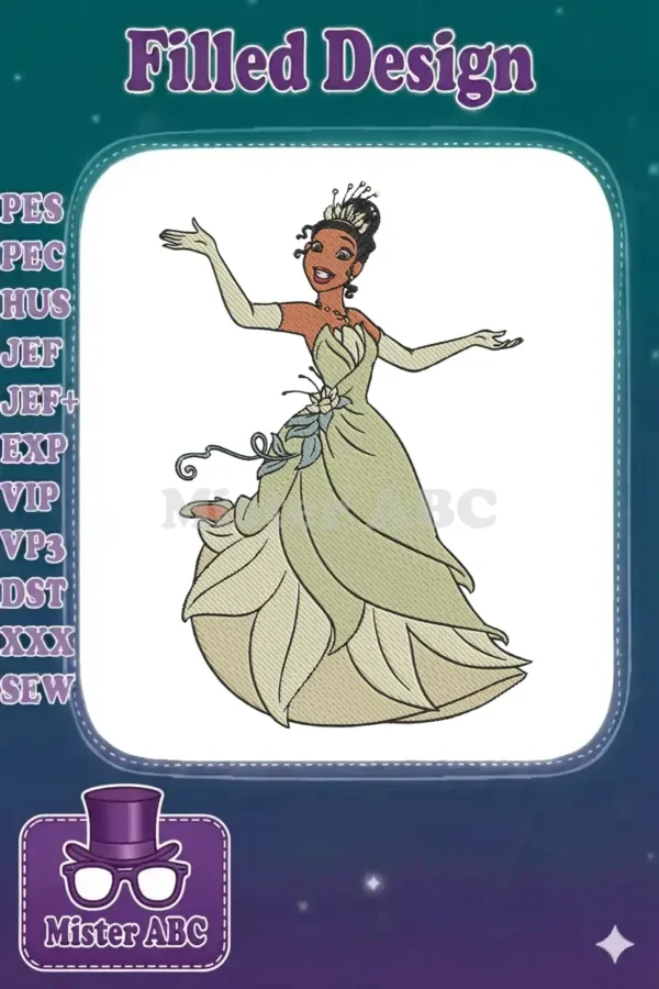 Full-body embroidery of Princess Tiana in her green lily pad dress, arms outstretched, smiling beautifully.