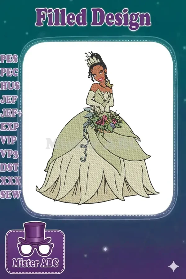 A stunning embroidery design of Princess Tiana in her iconic green ball gown, holding a floral bouquet, smiling.