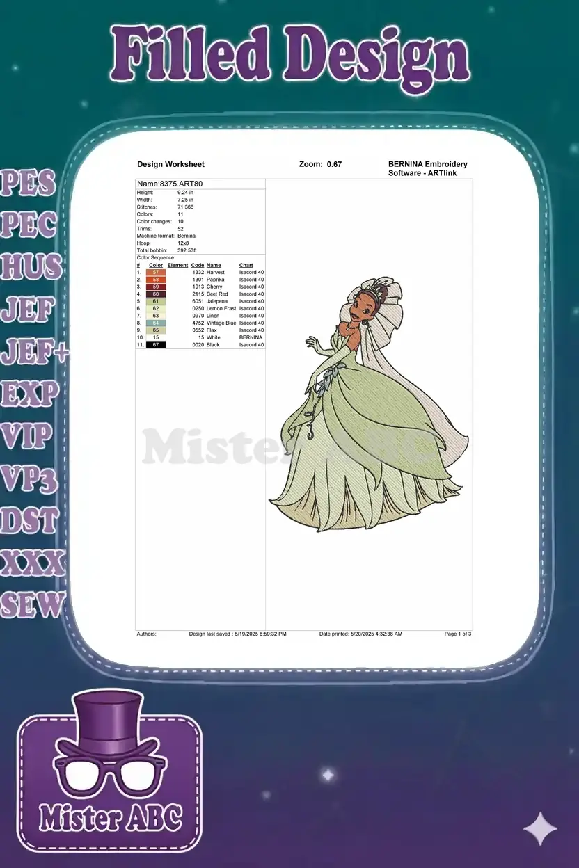 Embroidery design worksheet detailing dimensions, stitch count, color changes, and thread chart for Tiana.
