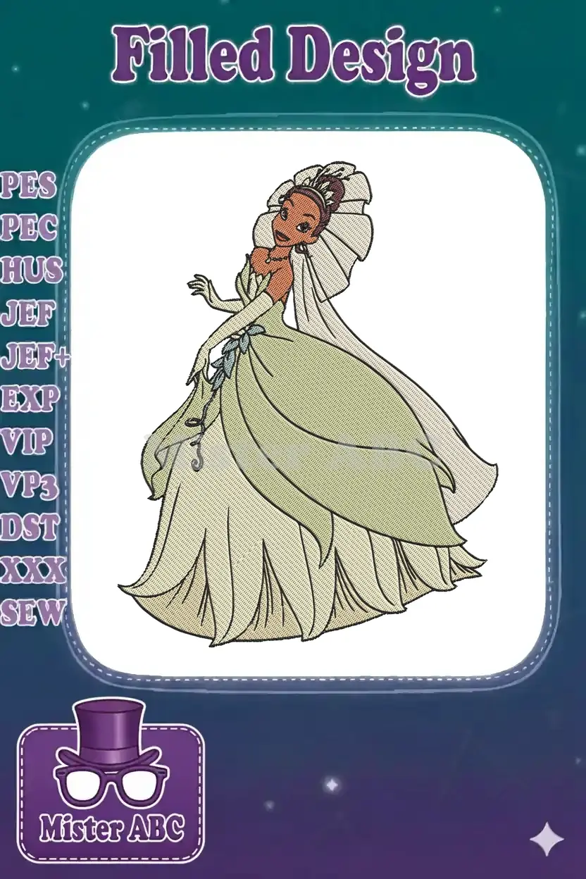 Princess Tiana in her iconic green ball gown, exquisitely embroidered with intricate details and vibrant colors.