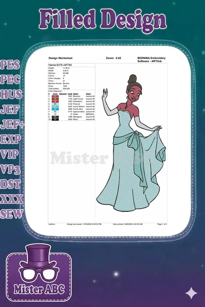A comprehensive embroidery design worksheet displaying Princess Tiana, with stitch counts, color sequence, and machine info.