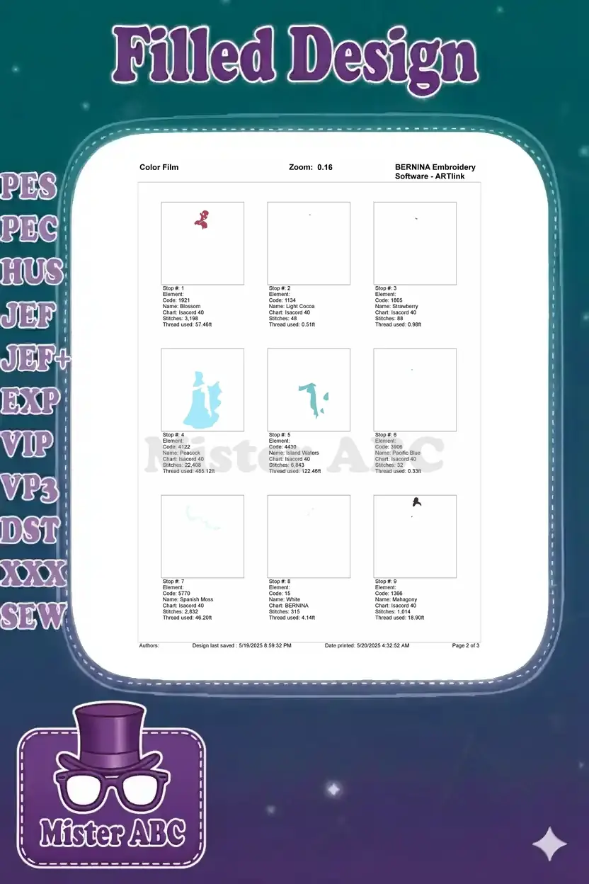 First page of the Color Film for Princess Tiana embroidery, showing detailed stitch elements for colors 1-7.