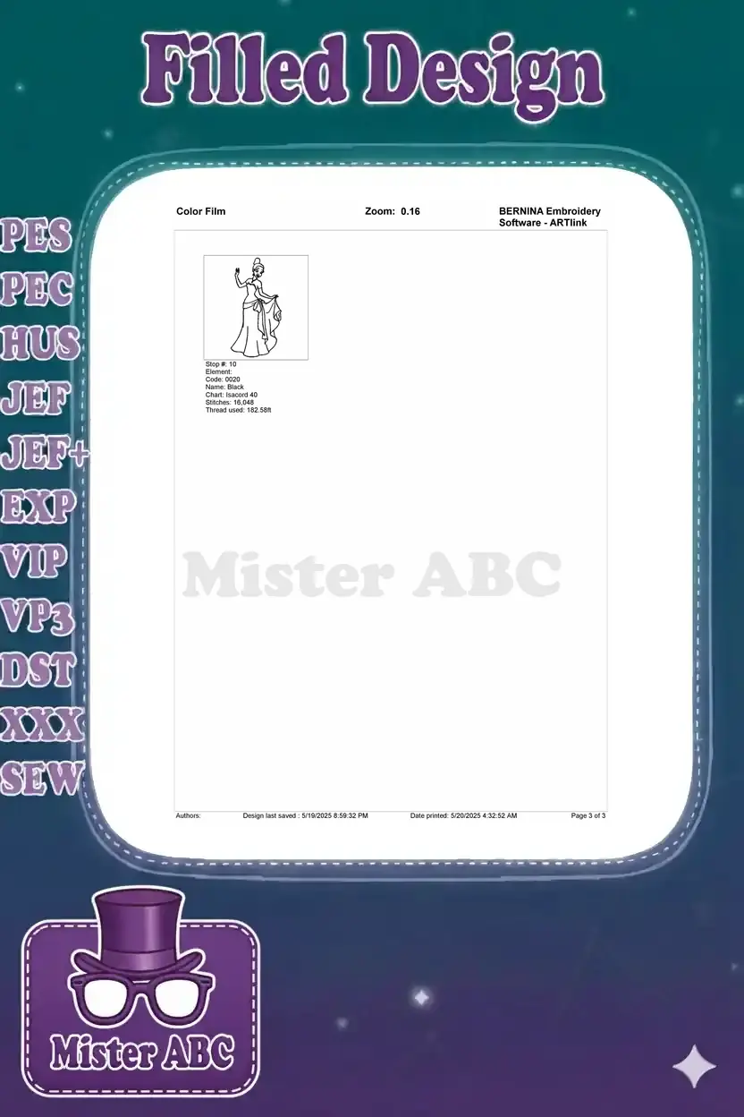 Second page of the Color Film for Princess Tiana embroidery, showing detailed stitch elements for colors 8-10.