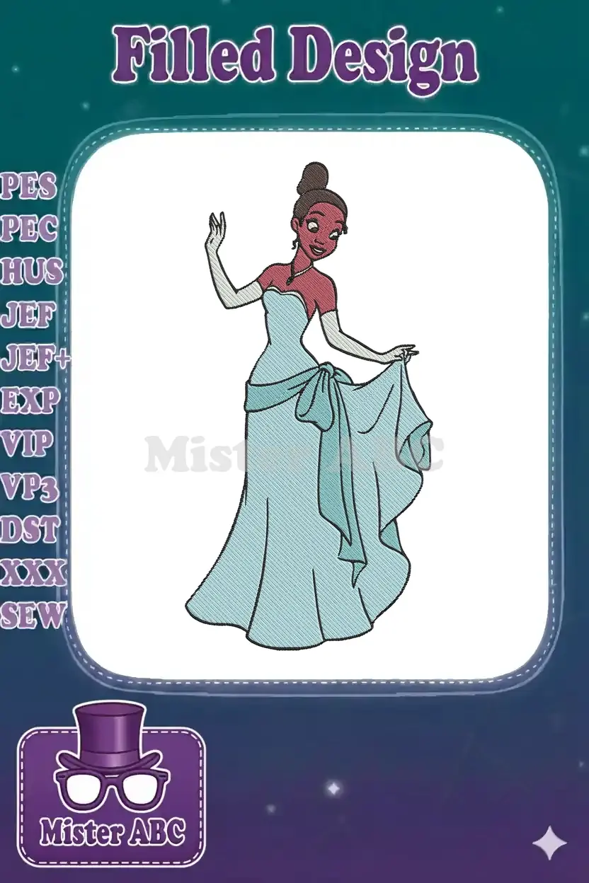 A vibrant embroidery design of Princess Tiana in her iconic blue ball gown, ready to bring enchanting flair to textiles.