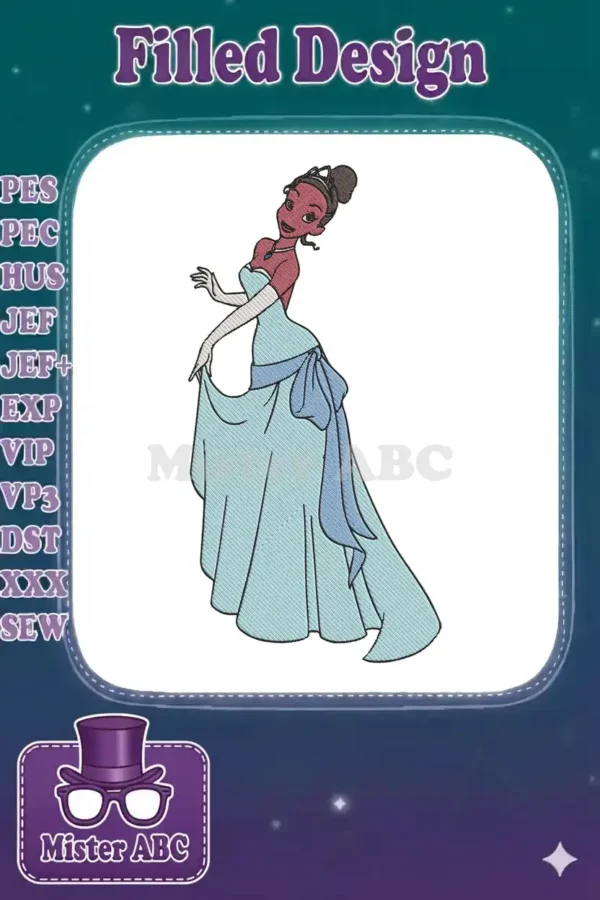 Digital embroidery design of Princess Tiana in her light blue ball gown, elegant pose, ready for stitching on fabric.