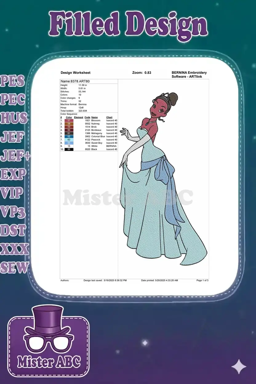 Embroidery design worksheet for Princess Tiana, showing dimensions, stitch count, color sequence, and thread details.