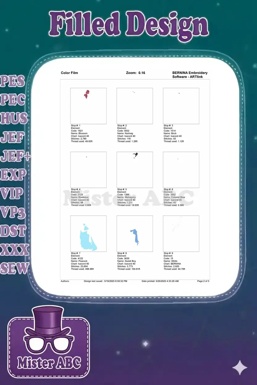 Color film breakdown (page 1) of the Princess Tiana embroidery, showing individual color stops and stitch details.