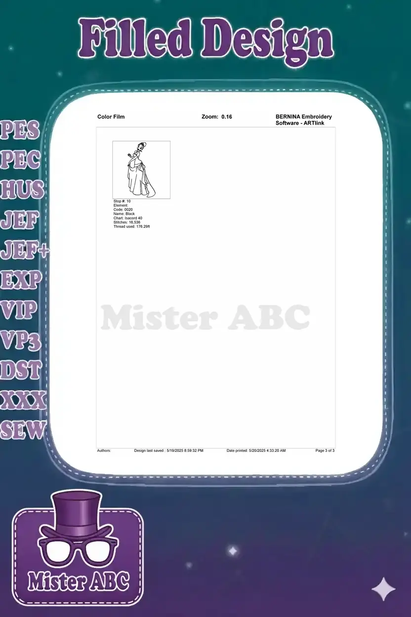 Color film breakdown (page 2) of the Princess Tiana embroidery, detailing the final black outline stitch.