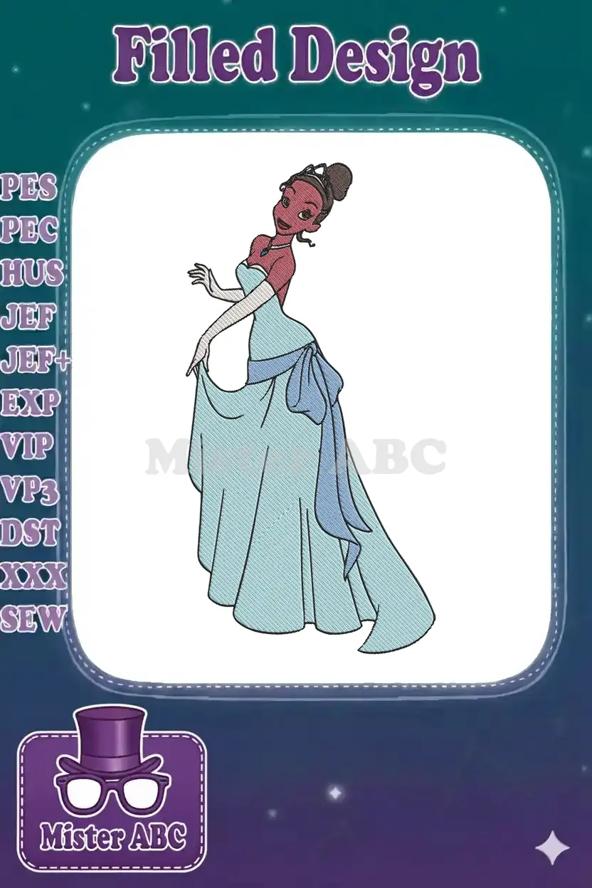 Digital embroidery design of Princess Tiana in her light blue ball gown, elegant pose, ready for stitching on fabric.