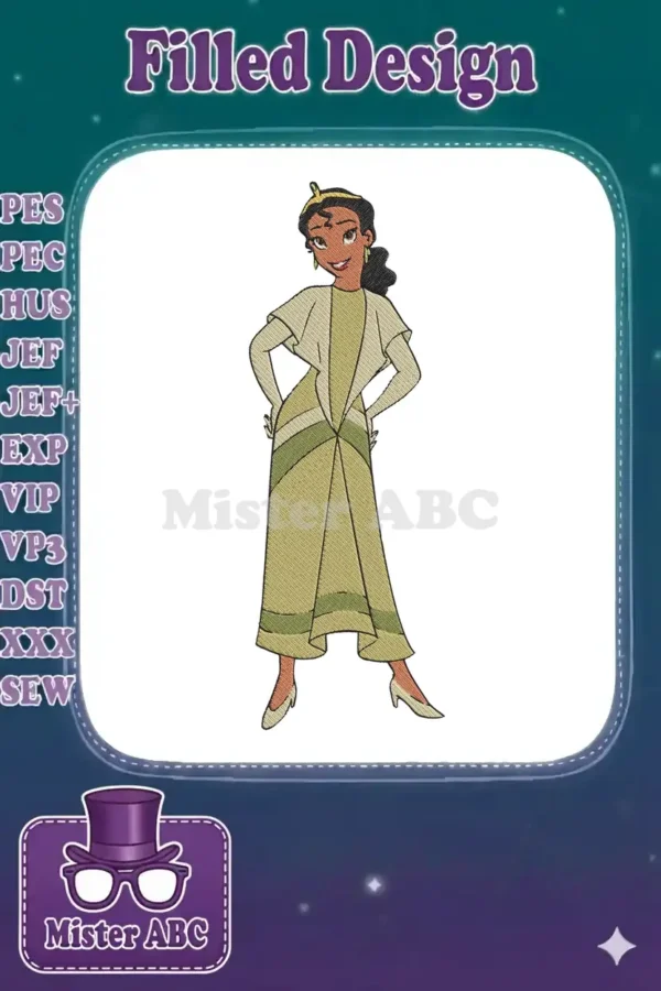 Full-body embroidery design of Princess Tiana in her iconic green dress, hands on hips, with a confident smile.