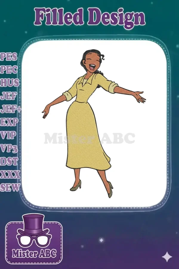 Full-color embroidery design of Princess Tiana from Disney's 'The Princess and the Frog' in her yellow dress, arms open.
