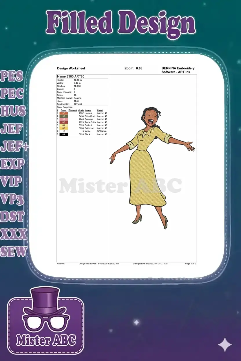 Embroidery design worksheet for Princess Tiana, showing stitch count, dimensions, thread colors, and machine details.
