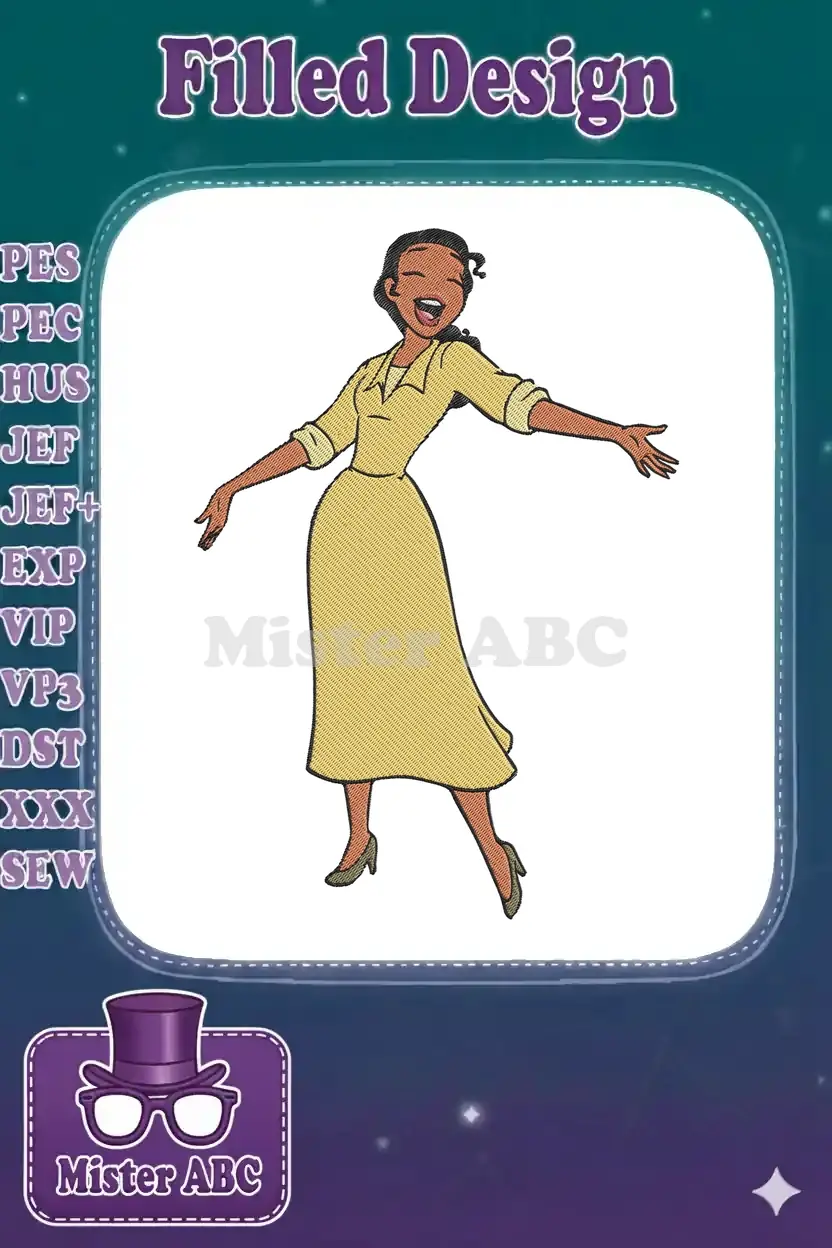 Full-color embroidery design of Princess Tiana from Disney's 'The Princess and the Frog' in her yellow dress, arms open.