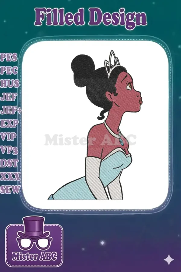 Close-up of Princess Tiana embroidery in her light blue ball gown and tiara, looking upward with a hopeful expression.