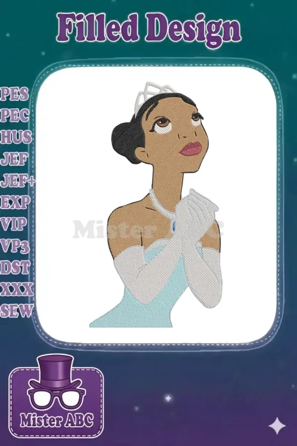 A stunning embroidery of Princess Tiana looking upward, adorned with a tiara, necklace, and elegant gloves.