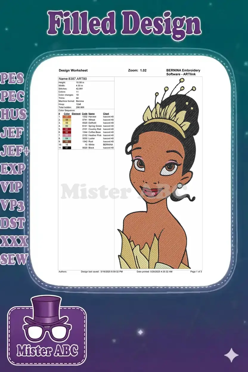 Embroidery design worksheet for Tiana, detailing dimensions, stitch count, colors, and machine compatibility.