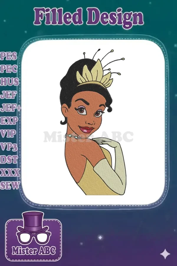 Close-up of a vibrant Princess Tiana embroidery design, featuring her smiling, elegant face and lily pad crown on a white background.