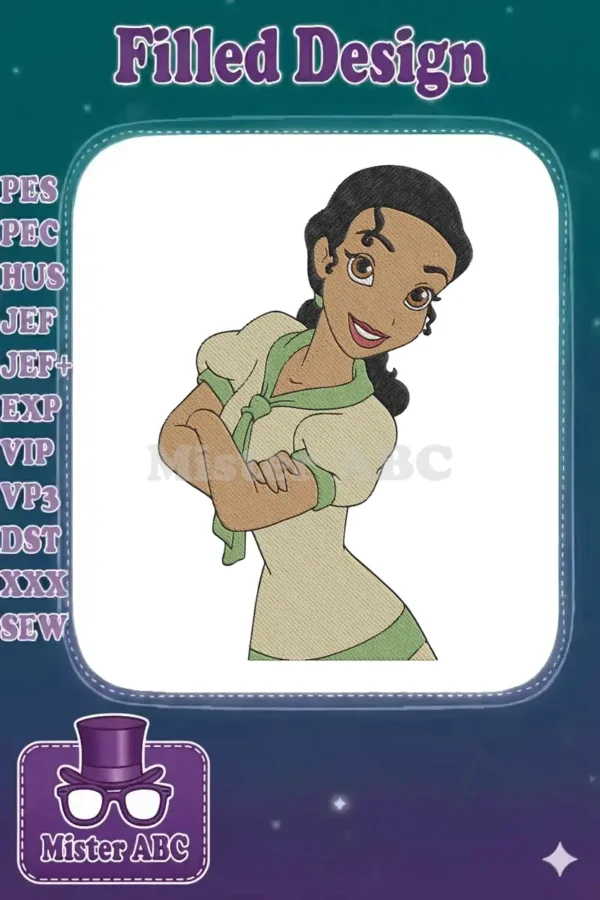 Vibrant embroidery design of Disney's Princess Tiana, smiling with crossed arms, featuring detailed fill stitches.