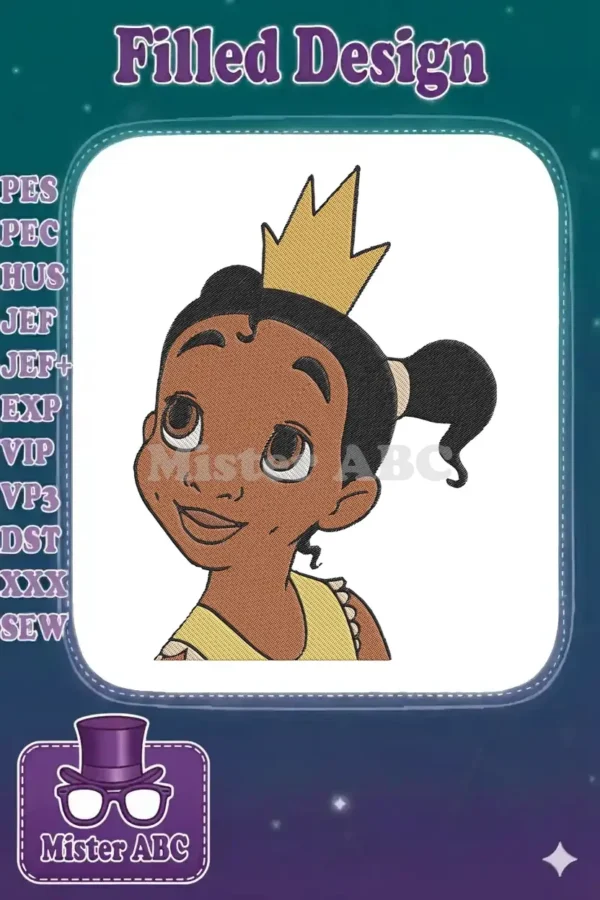 A delightful embroidery design featuring young Princess Tiana with a golden crown, looking up with a sweet smile.