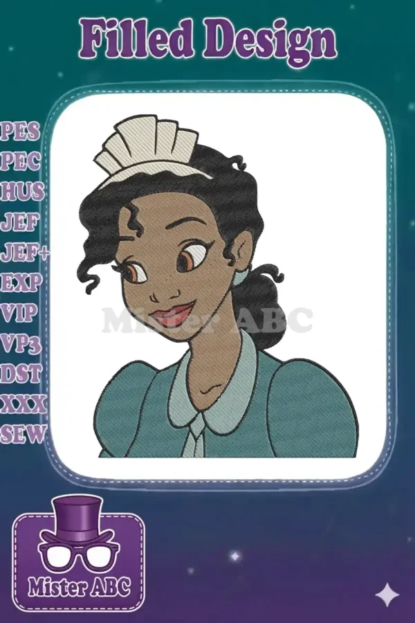 Detailed embroidery of Princess Tiana in her maid outfit, featuring her classic smile and vibrant colors.