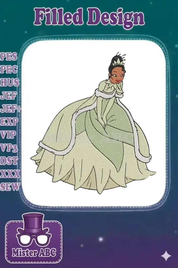 Full-length embroidery design of Princess Tiana in her iconic light green ball gown, looking elegant and regal.