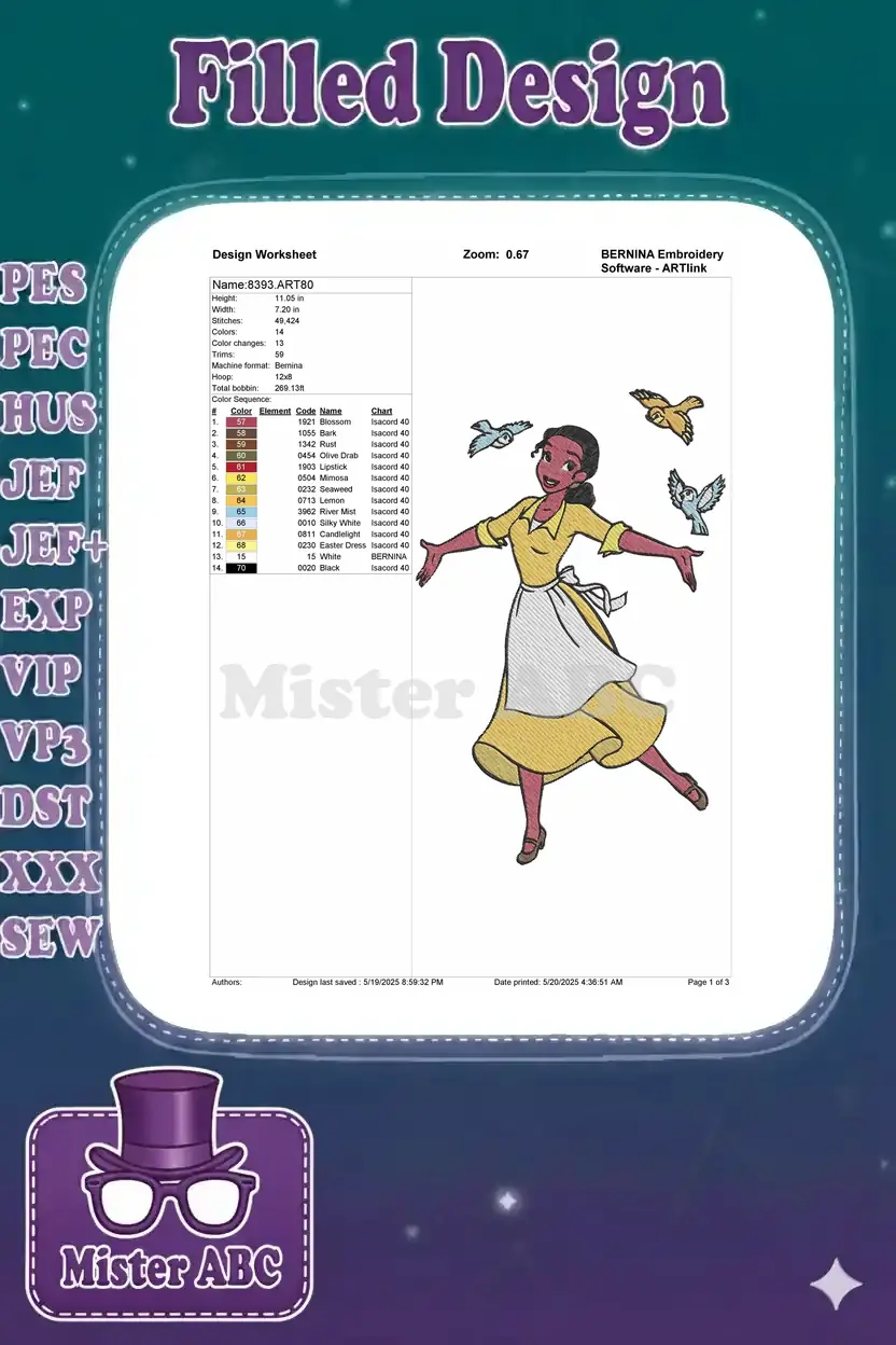 Detailed embroidery worksheet for Princess Tiana design, showing dimensions, stitch count, and color palette.