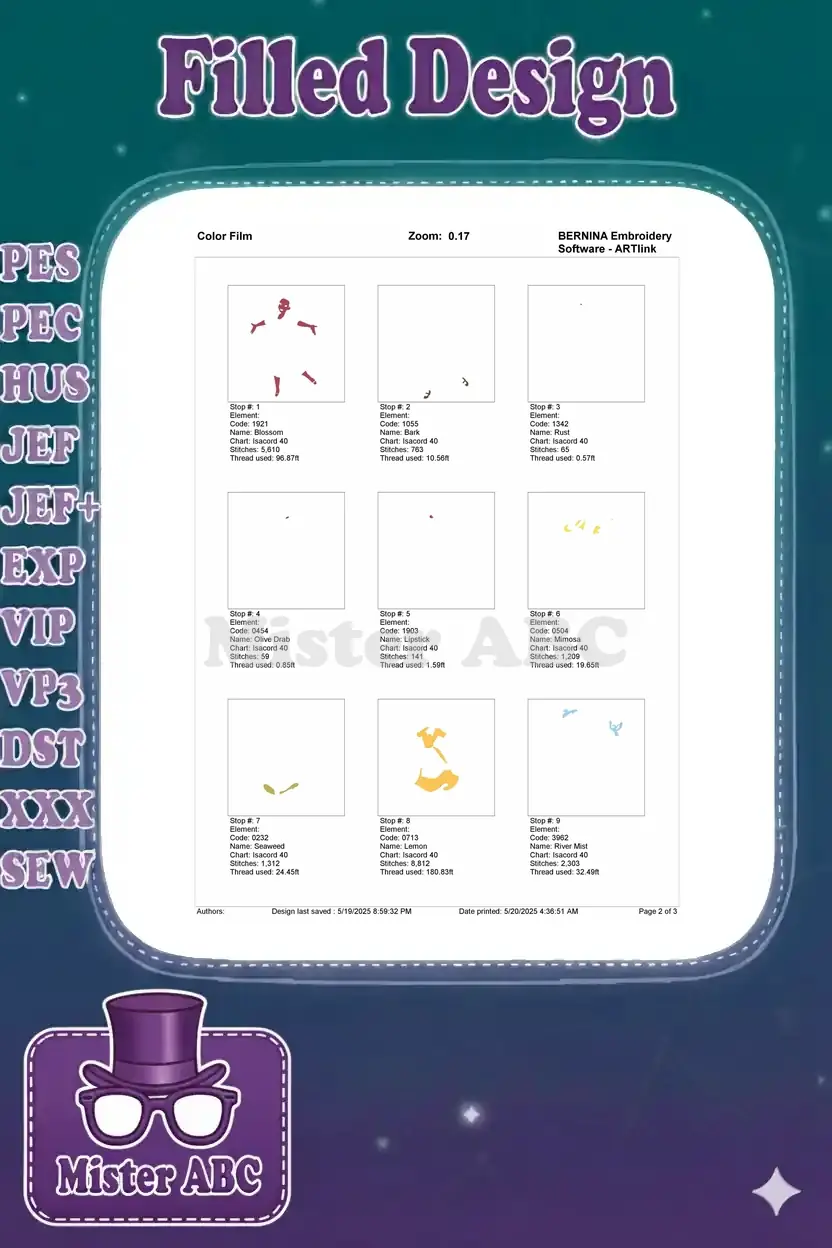 First page of the color film for Tiana embroidery, detailing initial stitch sequence and thread usage.