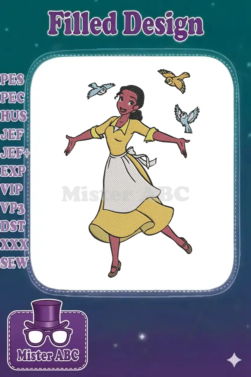 An exquisite embroidery design featuring Princess Tiana from Disney, joyfully surrounded by whimsical blue and yellow birds.