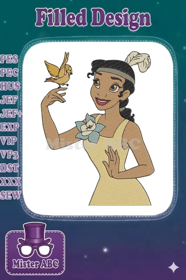 A vibrant machine embroidery design featuring Princess Tiana from Disney, smiling with a small bird on her finger.