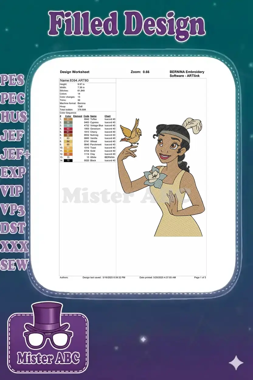 A detailed embroidery design worksheet for Tiana, displaying technical specifications like size, stitches, and color chart.